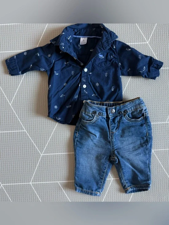 Osh Kosh|Baby boy nautical set,Navy sailboat Button-Up Shirt & Blue Denim Pants• - Picture 3 of 8